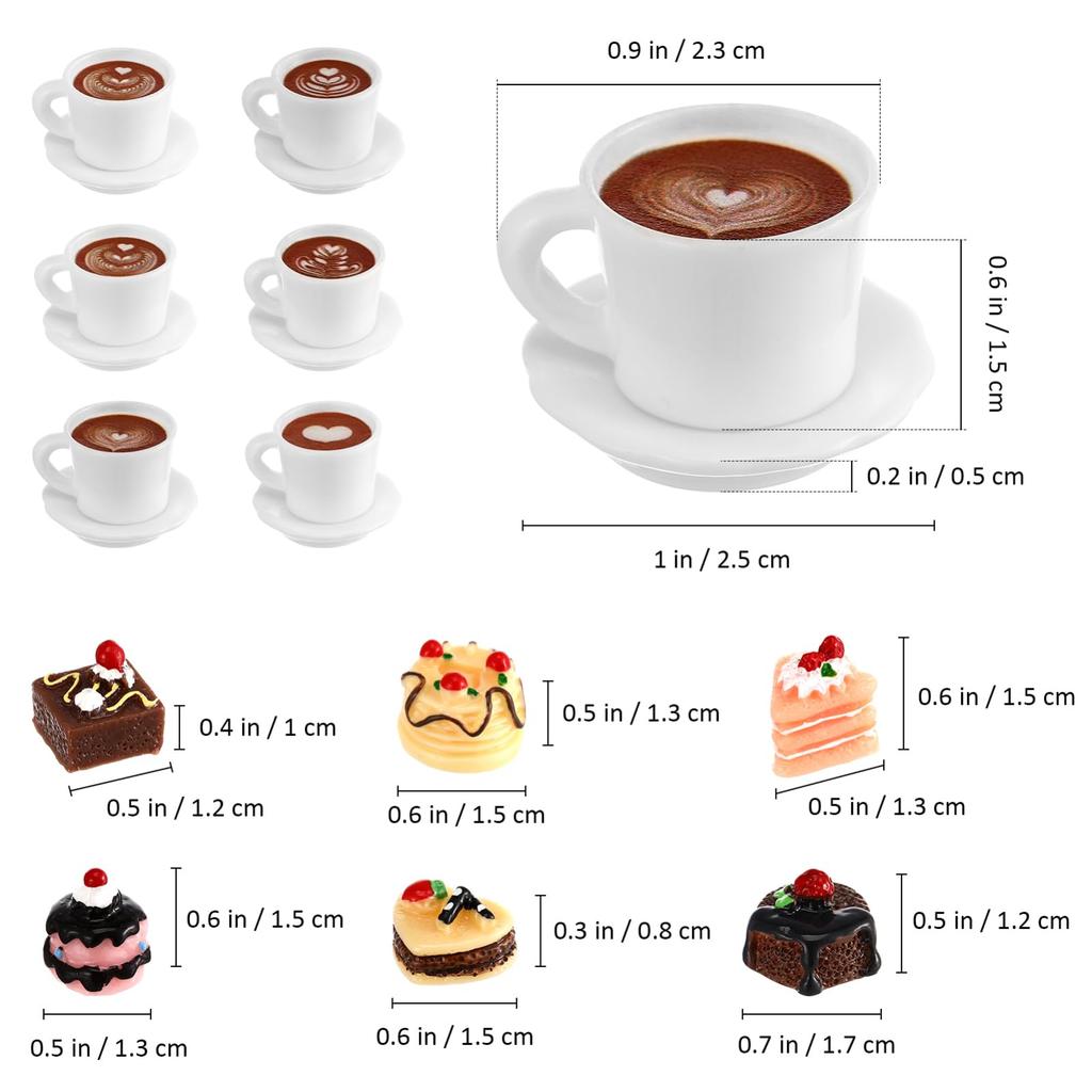 TOPPERFUN 24-teiliges Miniatur-Lebensmittel- und Kaffeetassen-Set, 1:Maßstab 1:12, für Puppenhäuser, Enthält 12 Kuchendummies, 6 Mini-Tassen und 6 Untertassen, Harz und