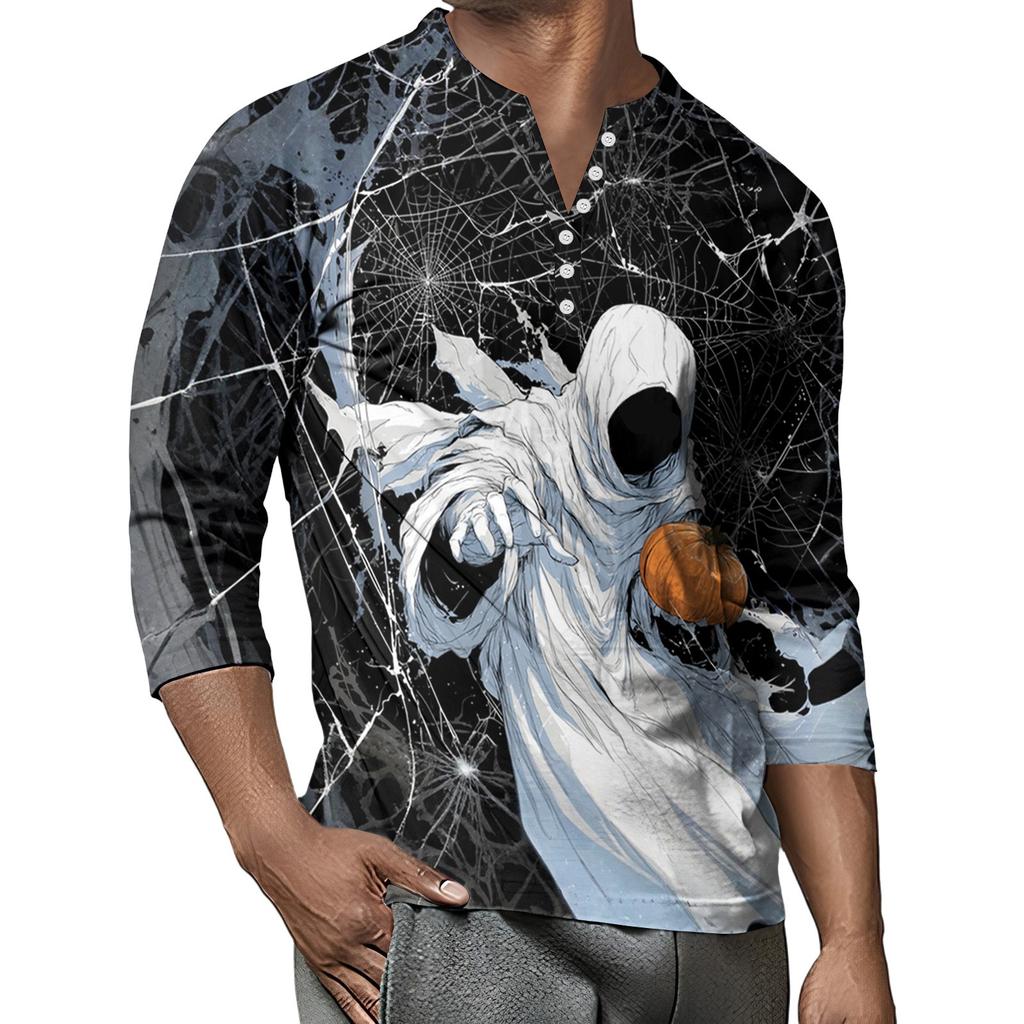 Men's Button-Down Contrast Raglan 3/4 Sleeve Top