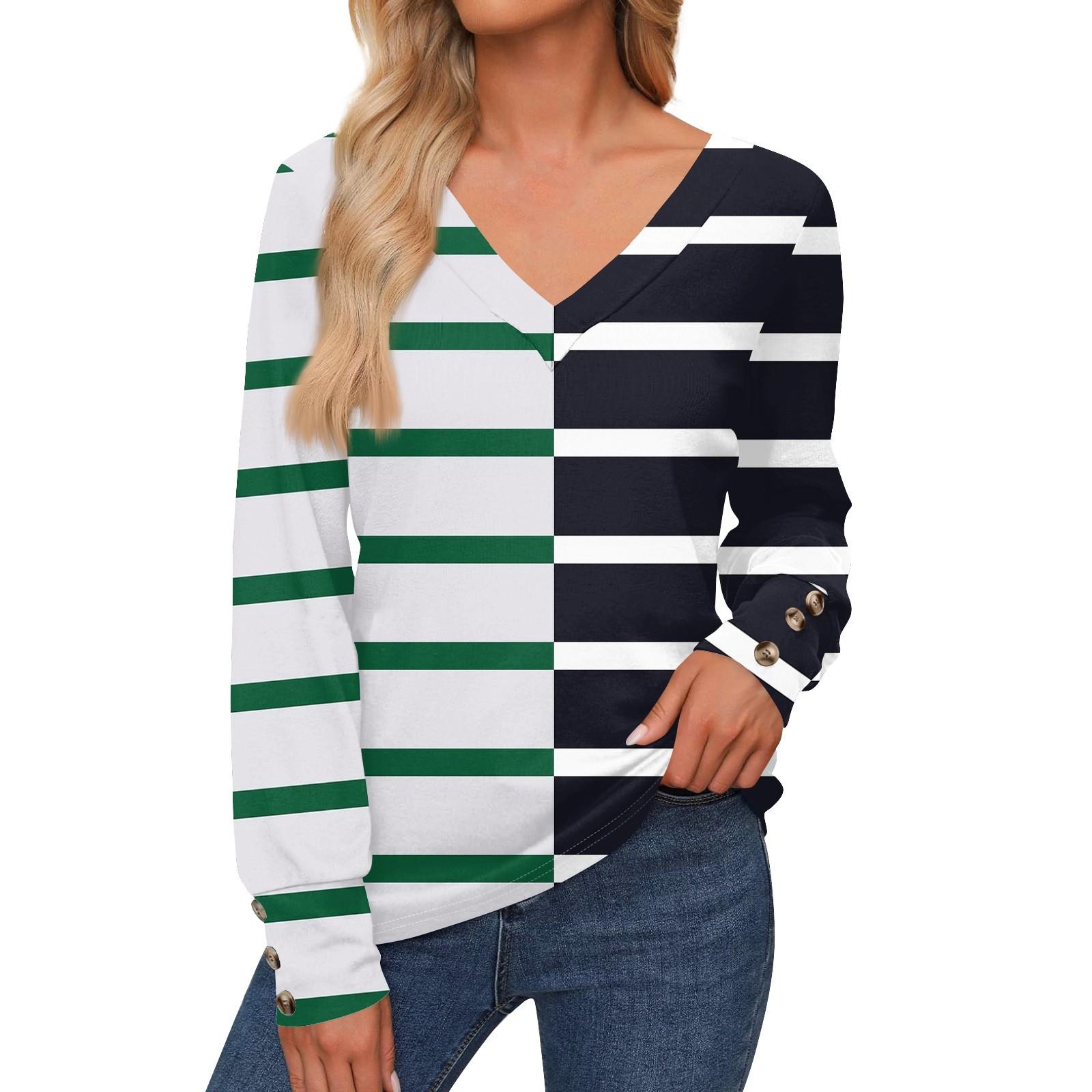 

Женская повседневная модная полосатая рубашка с длинными рукавами и манжетами на пуговицах с V-образным вырезом, свободная футболка, осенняя одежда XXXL