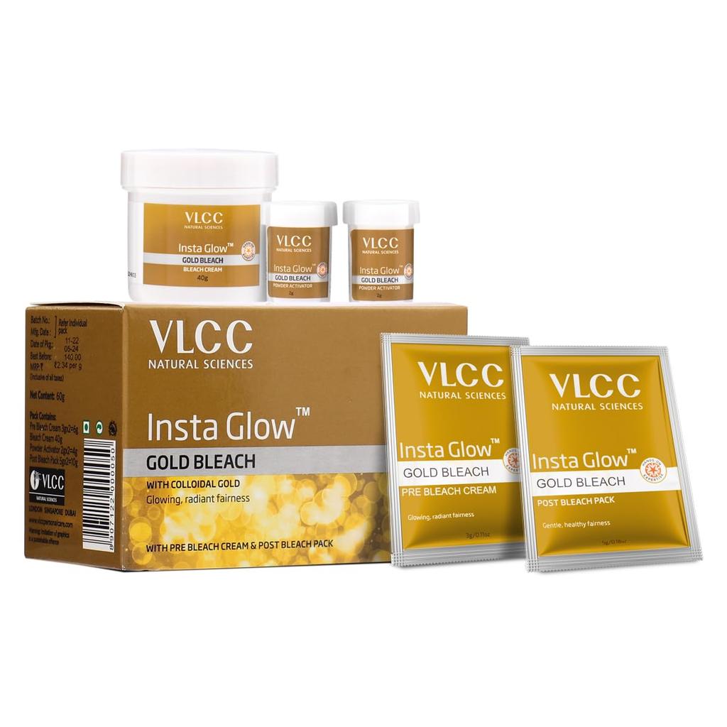 VLCC Insta Glow Gold Sbiancante - 60g X 2 ( Confezione da 2 ) | Con Glow Colloidale Per Luminosità Equa | Candeggina Schiarente per la Pelle | Abbinamento Perfetto con la Pelle, Ridu