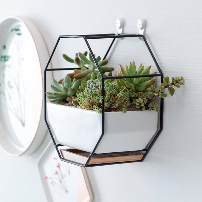 1 Set Wall Mounted Ceramic+Iron Planter Pot Flower Flowerpot Home Decor