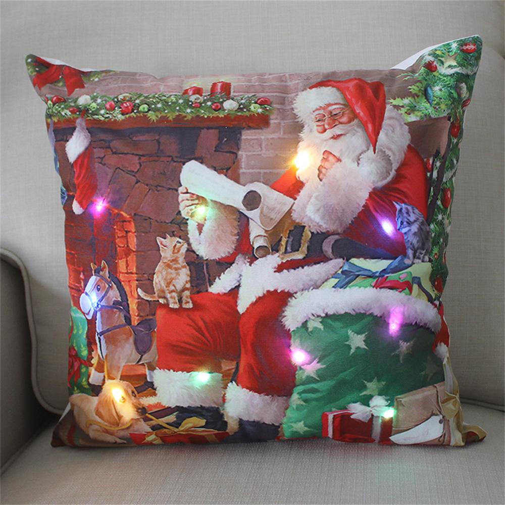 LED Light Christmas Cushion Cover Short Plush Elk Throw Pillow Case for Sofa Luminous Santa Clause Printed Pillowcase Home Decor