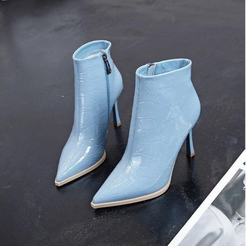 Modne czółenka ze szpicem Kobiety Botki do kostki na wysokim obcasie Wodoodporne buty na wysokim obcasie Botki z bocznym zamkiem błyskawicznym 2024 Lakierowana skóra Botas De Mujer