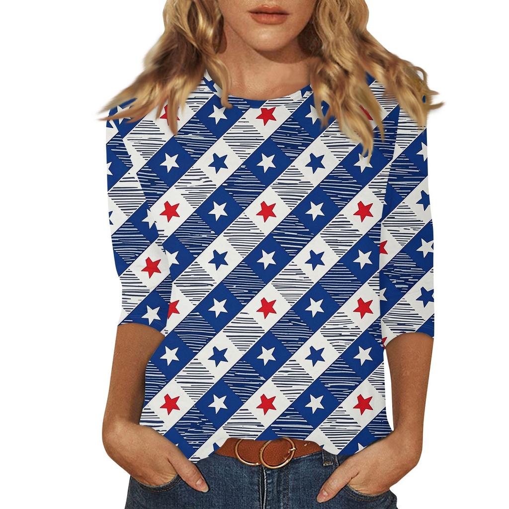 Women's Fashion Casual Round Neck Printed 3/4 T-shirt Top