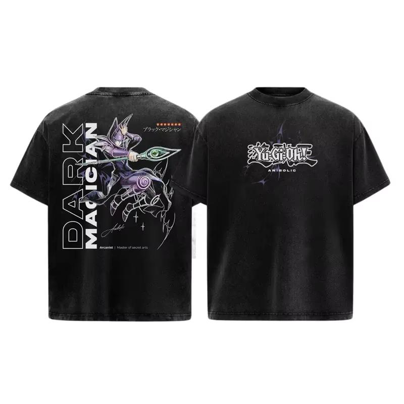 Unisex Washed Short‑sleeve T‑shirt with Red‑Eyes Black Dragon Print from Yu‑Gi‑Oh! Anime Game, Harajuku‑style Apparel