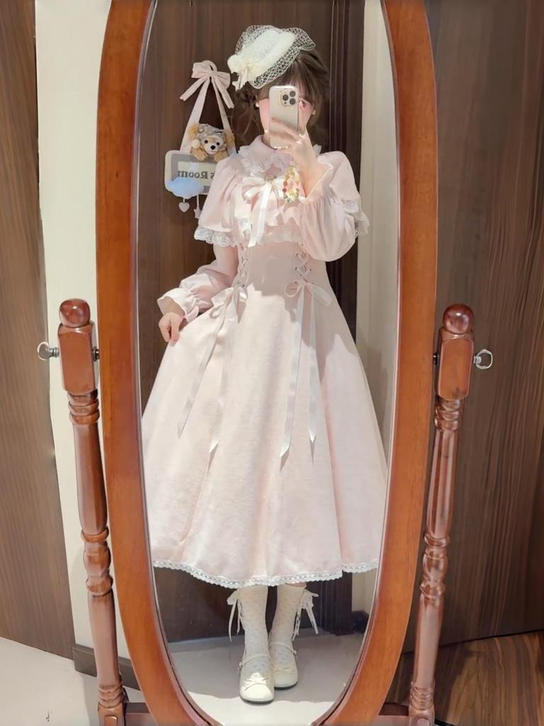 Sweet Pink Lolita Lace Patchwork Skirt with Bowknot & Clear Style Cloak