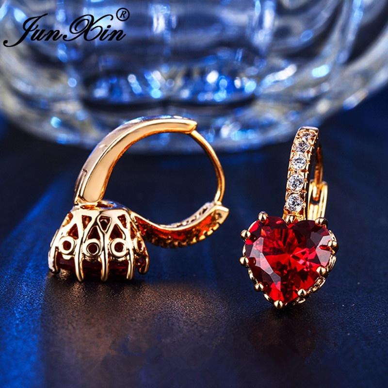 Gold Yellow Rose Color Heart Shaped Red Crystal Earrings Gift For Women Fashion Jewelry Gifts