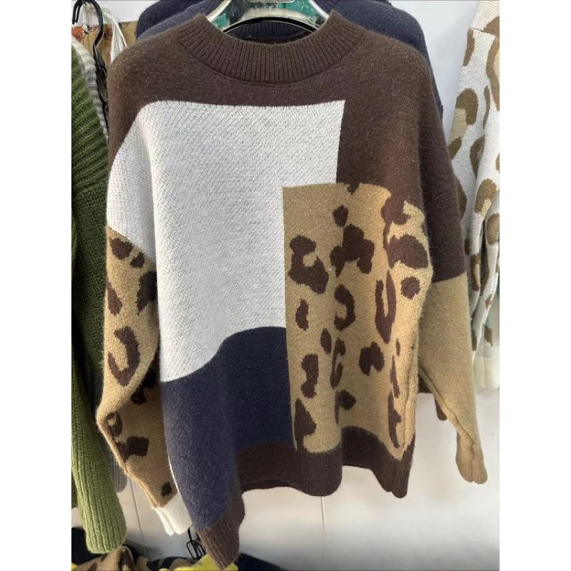 

Женский новый осенне-зимний геометрический узор с цветовым столкновением, круглый вырез, свитер, куртка, топы one size