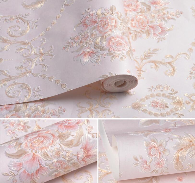 Beibehang 53x300cm Geprägte Blumen Vlies Selbstklebende Tapeten für Wohnzimmerdekoration Rosa 3D Wandpapiere Heimdekoration