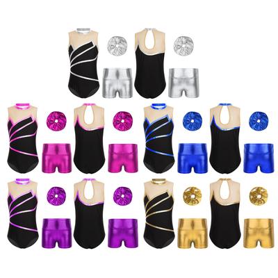 Kinder Mädchen Sport Set Ärmellos Patchwork Gymnastik Trikot mit Metallic Shorts Haarband für Workout Performance Bühnenkostüm