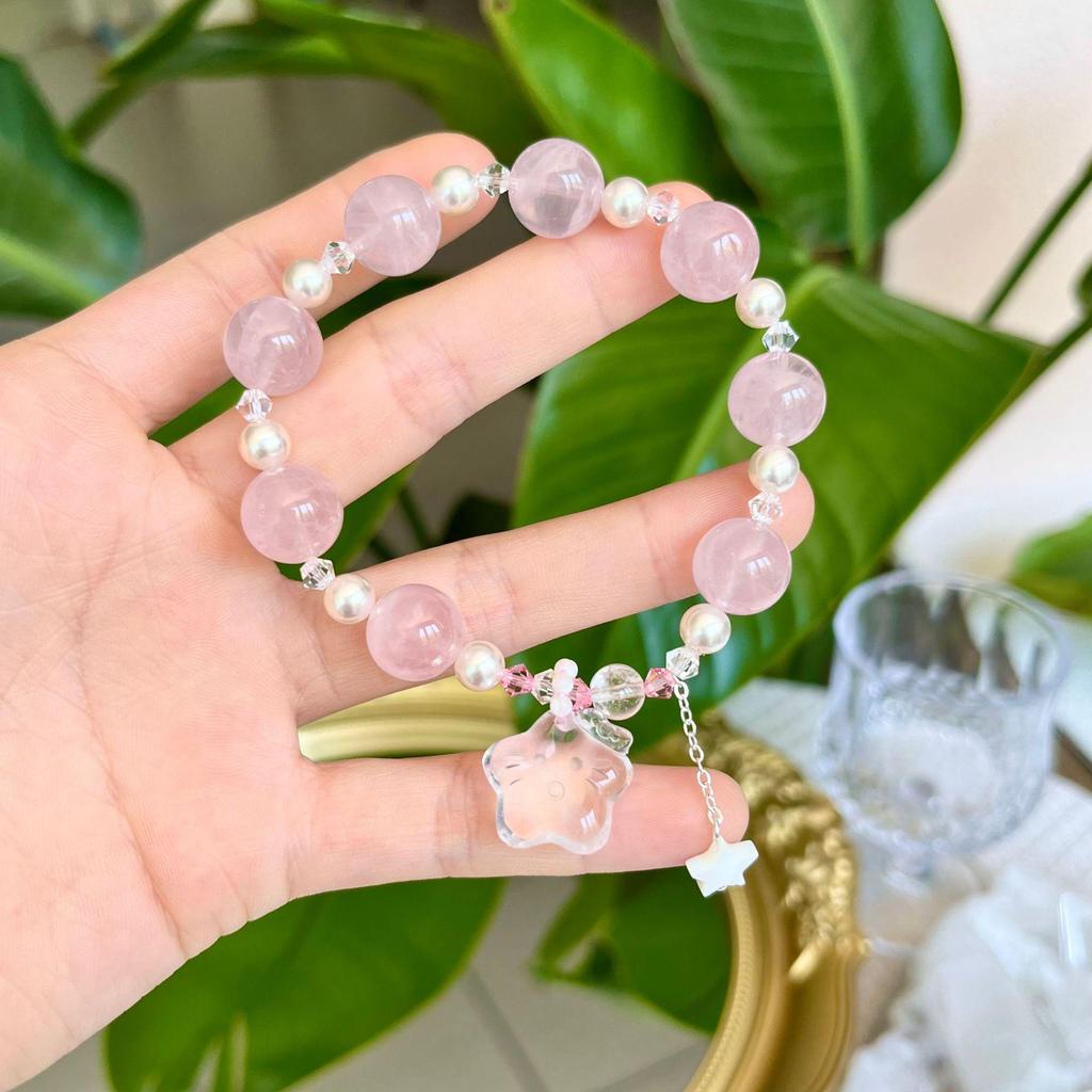 Original Design 12mm Natural Rose Quartz Peach Blossom Star Beaded Bracelet