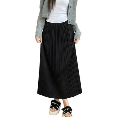 Long Pleated Elastic Flared Plus Solid Perfect for and Winter [Leadamon-oee] Women's Skirt, Black, Skirt, Waist, A-Line Skirt, Slit, Skirt, Sizes,