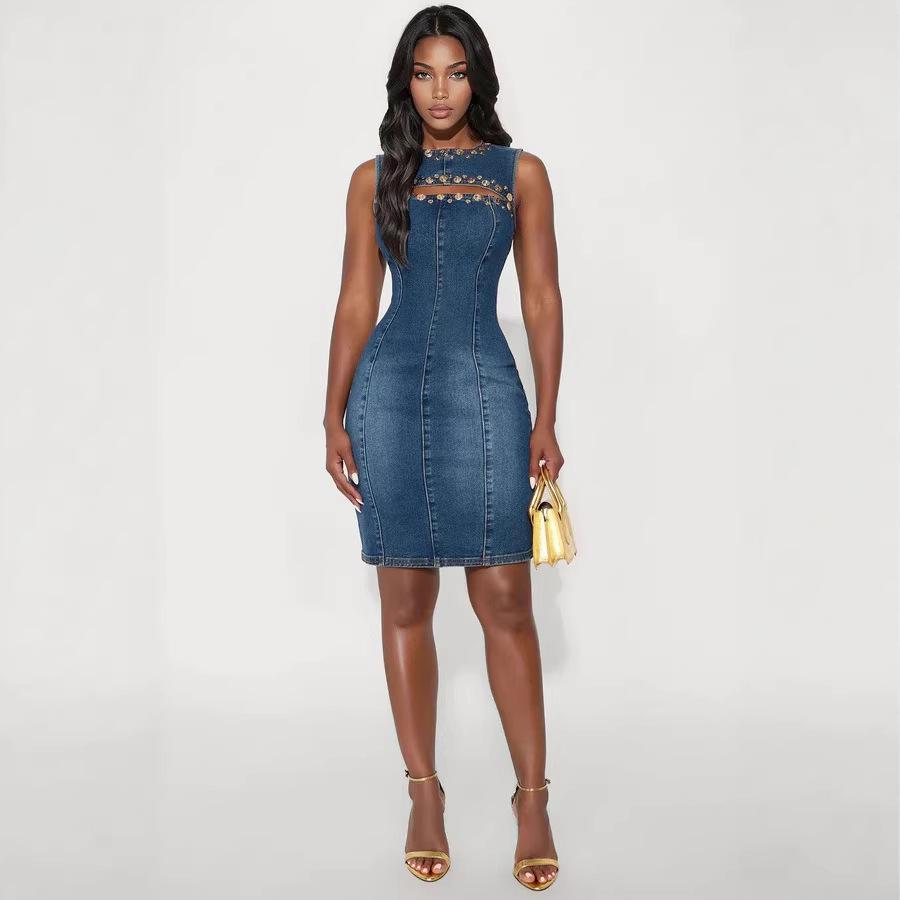 European & American Style Women's Spring Fashion Studded Round Neck Sleeveless Denim Dress 89378