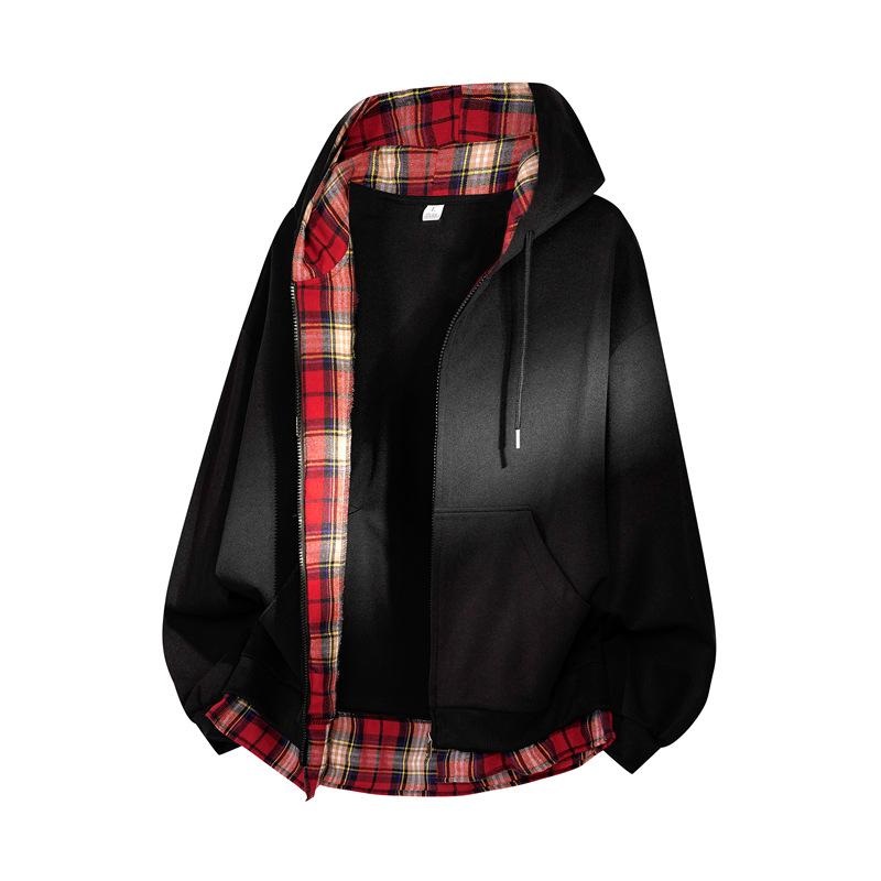 

Men s Reversible Hooded Jacket - Dark Blue & Yellow Plaid Double Sided Casual Zip Up Coat S