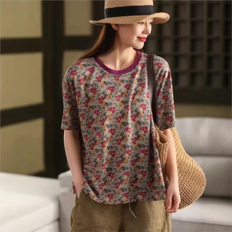 Johnature Women Print Floral T-Shirts O-Neck Short Sleeve Soft Summer Loose Casual T-Shirts