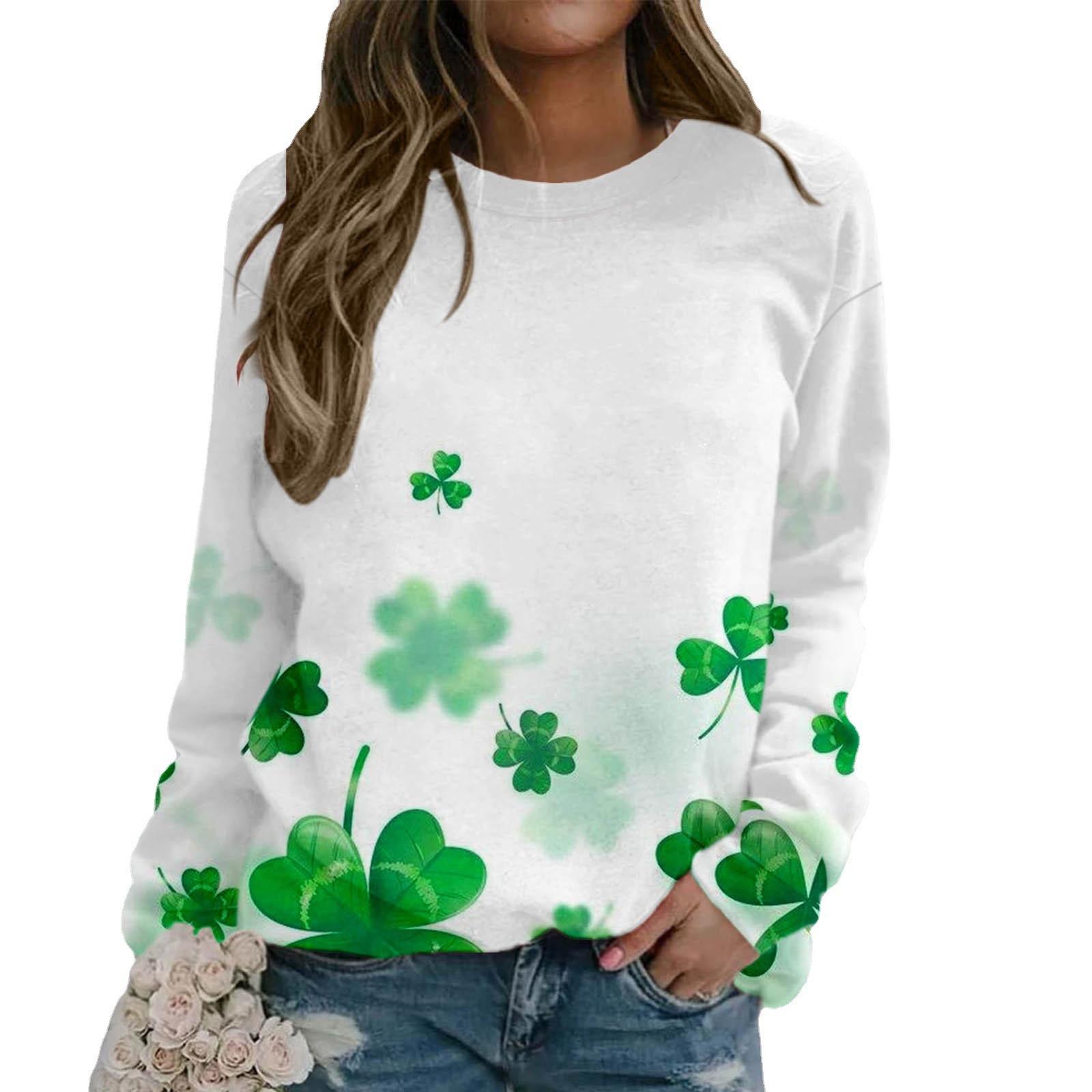 

Round Neck Long Sleeved Clover Pattern Women s Clothing Printing Comfortable Casual Loose Plus Size Pullover M