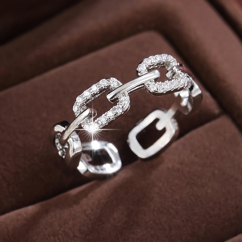 

Huitan Noble Shiny Opening Rings for Party Exquisite Chain Linked Design Female Finger Accessory Temperament Elegant Zircon resizable