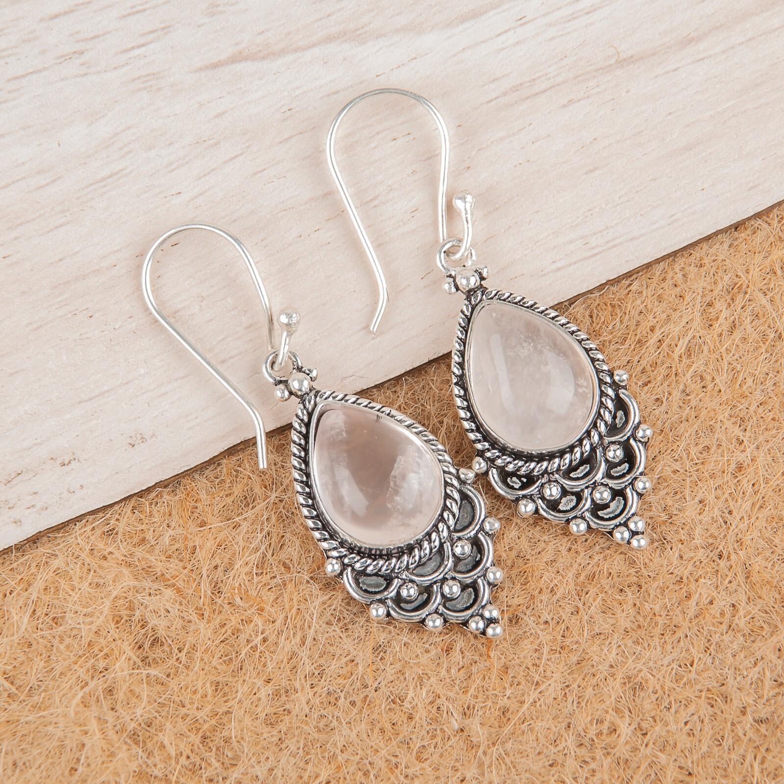 

Natural Rose Quartz Gemstone 925 Sterling Silver Jewelry Handmade Earrings 1.9 EE-85-22
