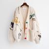Gestrickte Jacke Locker V-Ausschnitt Langarm Tasche Besticktes Buchstabenmuster Damen Herbst Winter Pullover