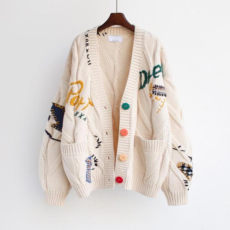 Gestrickte Jacke Locker V-Ausschnitt Langarm Tasche Besticktes Buchstabenmuster Damen Herbst Winter Pullover