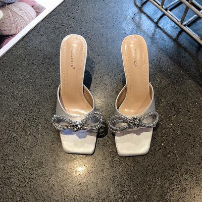 European and American Thin-heeled Rhinestone High-heeled Slippers Women's 2025 Fashion Square Head Large Size Satin One-word Bow Sandals