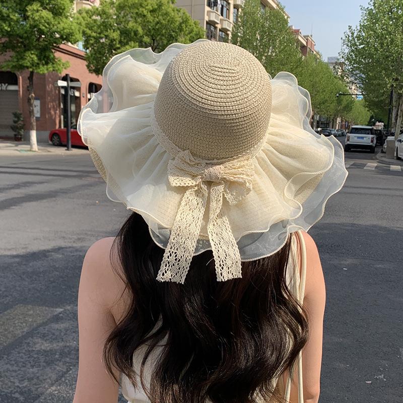 Mesh Bow Lace Straw Hat Summer Big Brim Sun Protection Sun Hat Seaside Beach Resort Sun Hat