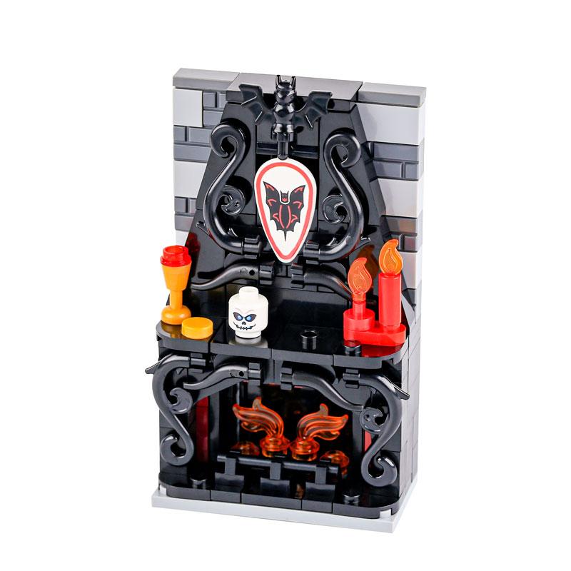 MOC Steine Mittelalter Alchemie Raum Küche Zauberer Trank Bausteine Teufelsquelle Schloss Straßenlaterne Hexen Figuren Szene Schädel