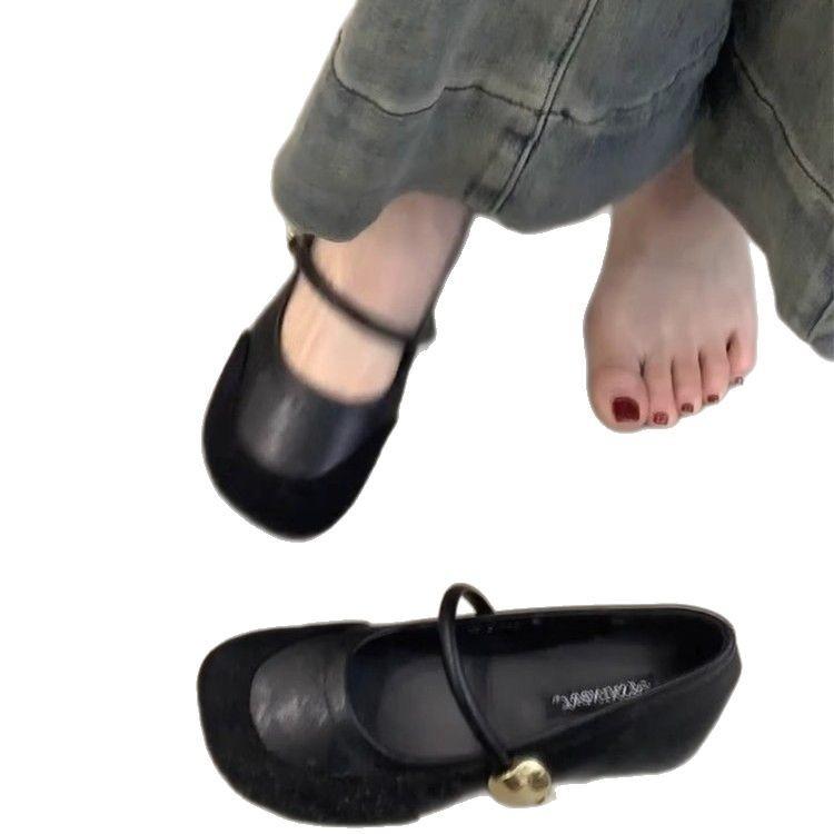Sheepskin version! French retro splicing Mary Jane shoes women's spring and autumn new one-word with shallow mouth inner height increase single shoes