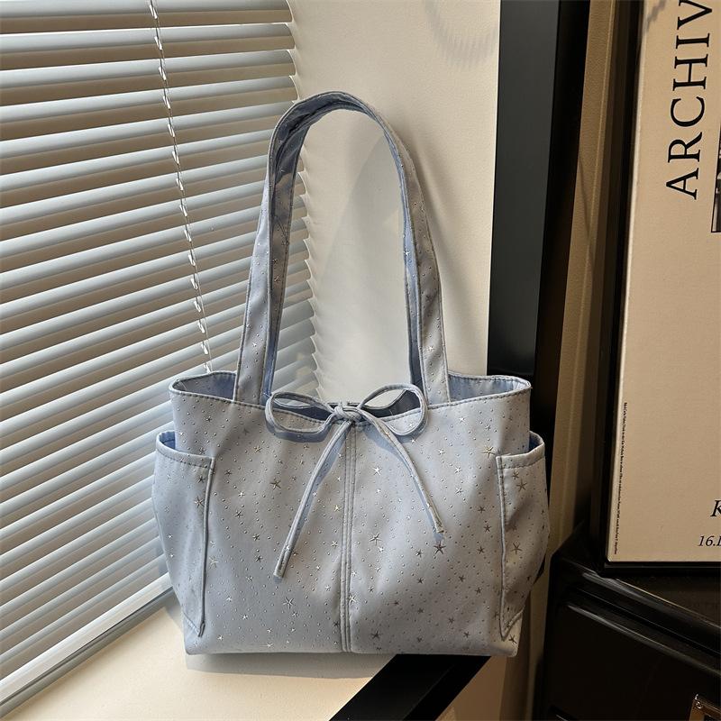 Women's Shoulder Bags Beautiful Star Diamond Canvas Tote Bag Lace-up Casual Solid Large Capacity Commuter Travel Fashion Bags