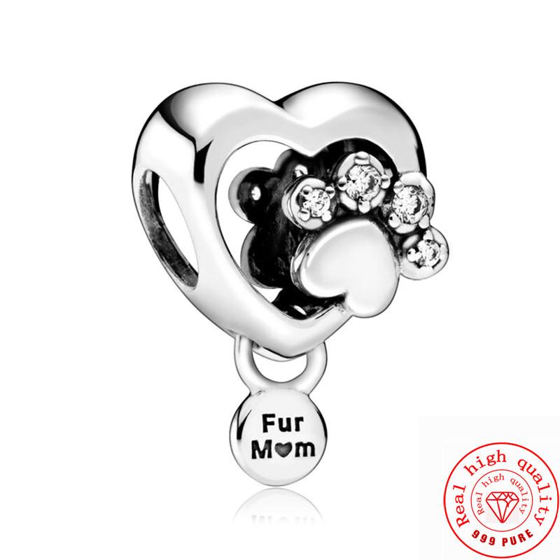 925 Sterling copper Cute Animals Dog Paw Print Pendant Love Heart Beads Fit Original Pantaro Charms Bracelet DIY Zircon Making