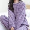 Warm Velvet Ribbed Fleece Pajama Set 2 Piece Women Autumn Pullover And Pants Casual Thicken Lounge Wear