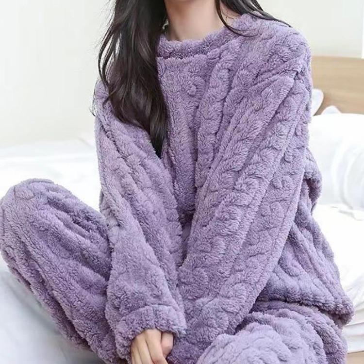 Warm Velvet Ribbed Fleece Pajama Set 2 Piece Women Autumn Pullover And Pants Casual Thicken Lounge Wear