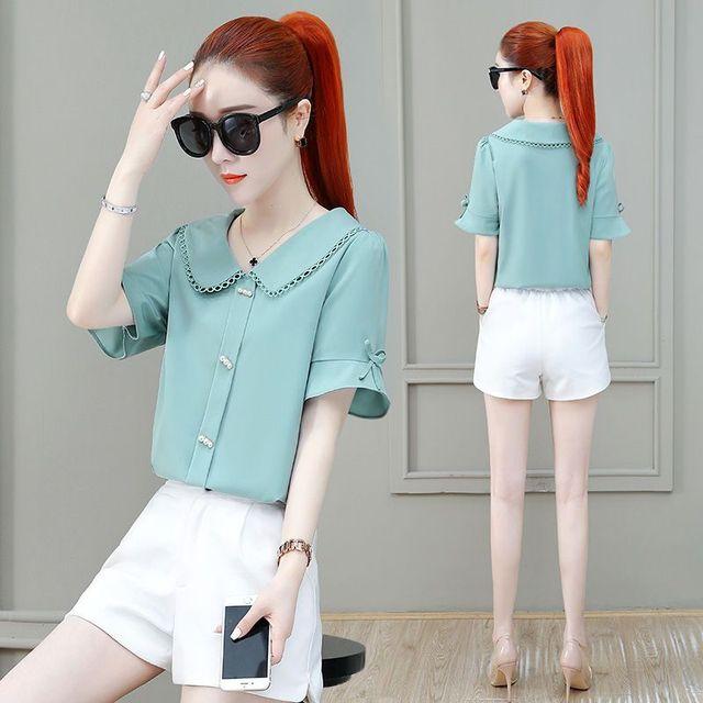 

Doll Collar Chiffon Shirt Women s Summer New Korean Loose Fit Slim Top Fashion Solid Color Short Sleeve Bottoming Blouse XL