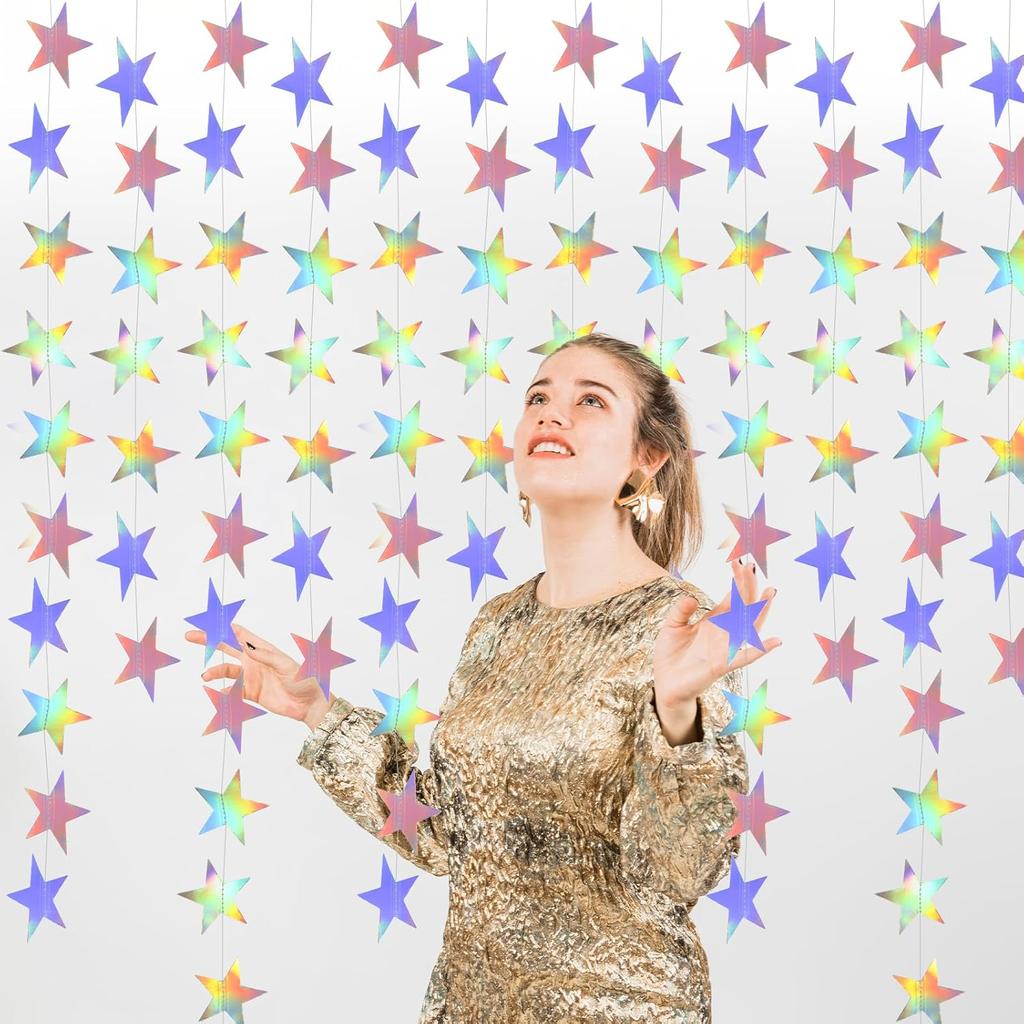 2 Pcs Star Garland Holographic Decor, Hanging Stars Decorations 6.56 Feet Star Streamers for Wedding Birthday Party Graduation Hanging Banner