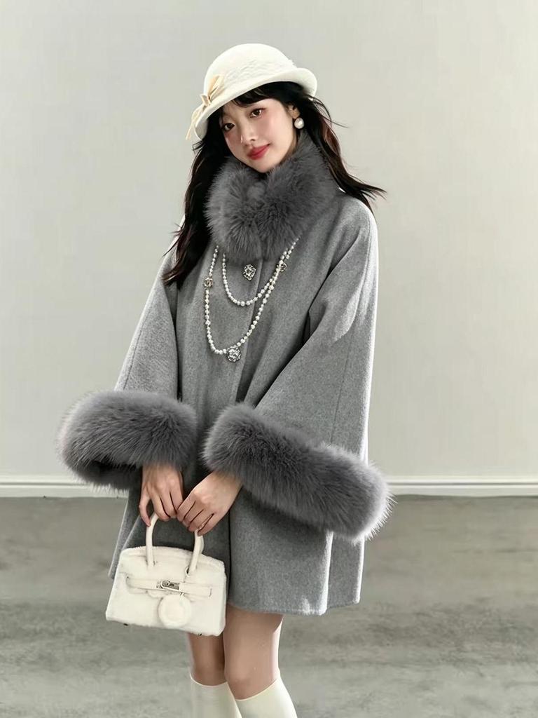 French Heiress Woolen Coat: Women's Autumn/Winter Fur Collar Loose Fit with Real Fox Fur