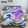 Wave Duvet Cover Set for Kids Teens Adult King Size Abstract Blue Ocean Comforter Cover Waves Sailing Moon Polyester Bedding Set