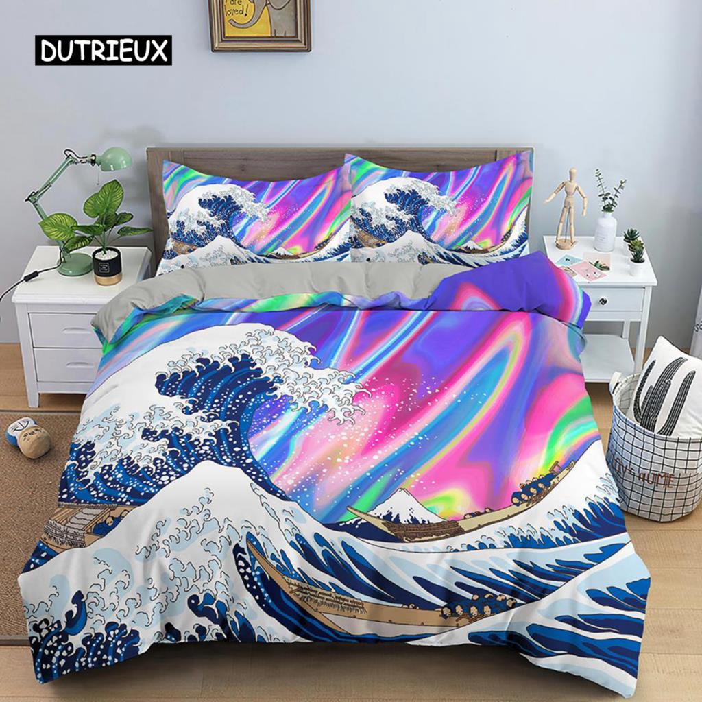 Wave Duvet Cover Set for Kids Teens Adult King Size Abstract Blue Ocean Comforter Cover Waves Sailing Moon Polyester Bedding Set