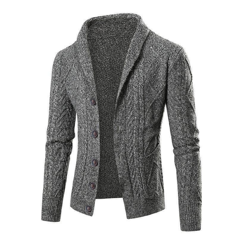 Suéter Cardigan Masculino Plus Size de Tricô com Tranças e Gola Lapela - Peça de Roupa Casual da Moda