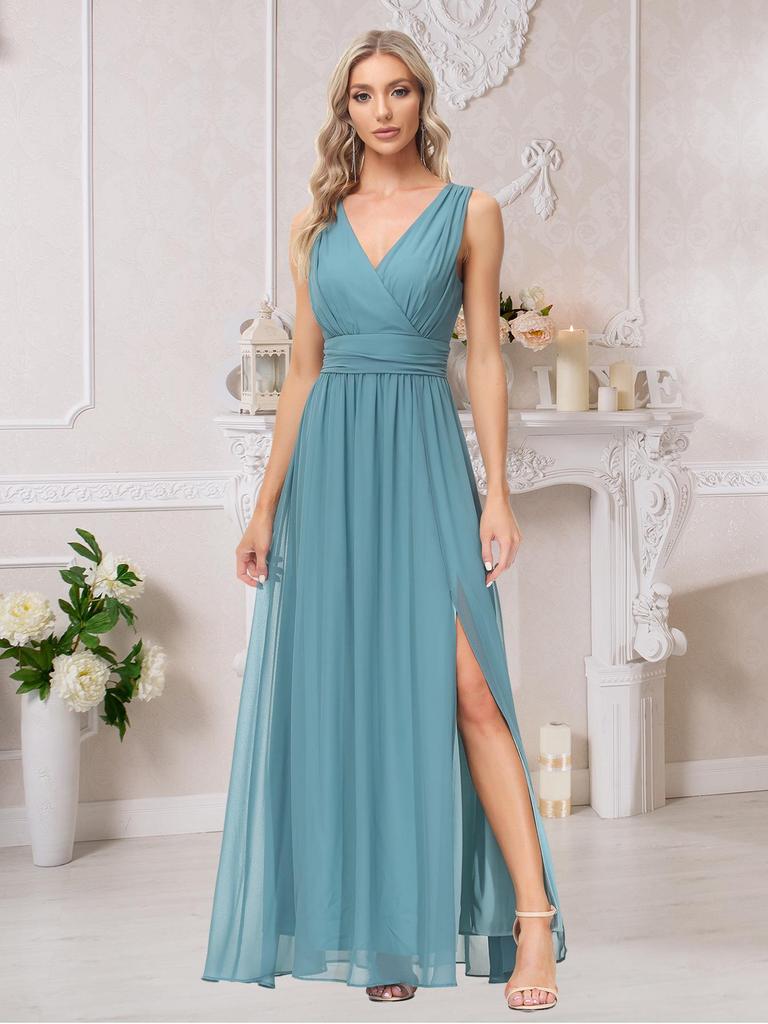 European & American Women’s Chiffon A-Line Evening Dress with Double V-Neck, Sleeveless Design, Slit, and Elastic Waist.
