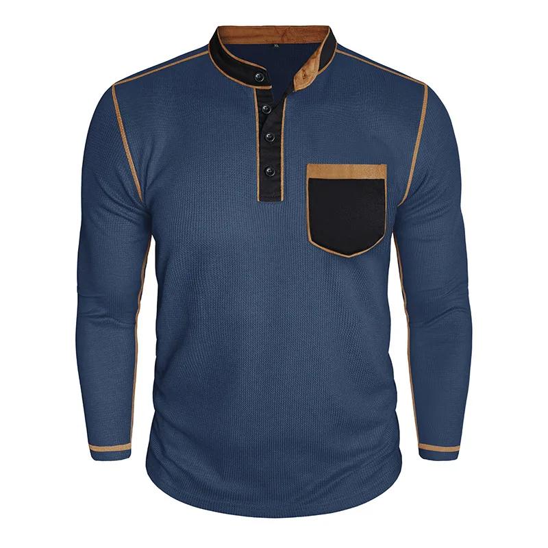 Men's Long Sleeve Stand Collar Henry Tshirt Casual Cotton Patchwork T-Shirt Autumn Winter Base Layer Shirt American Retro Tees