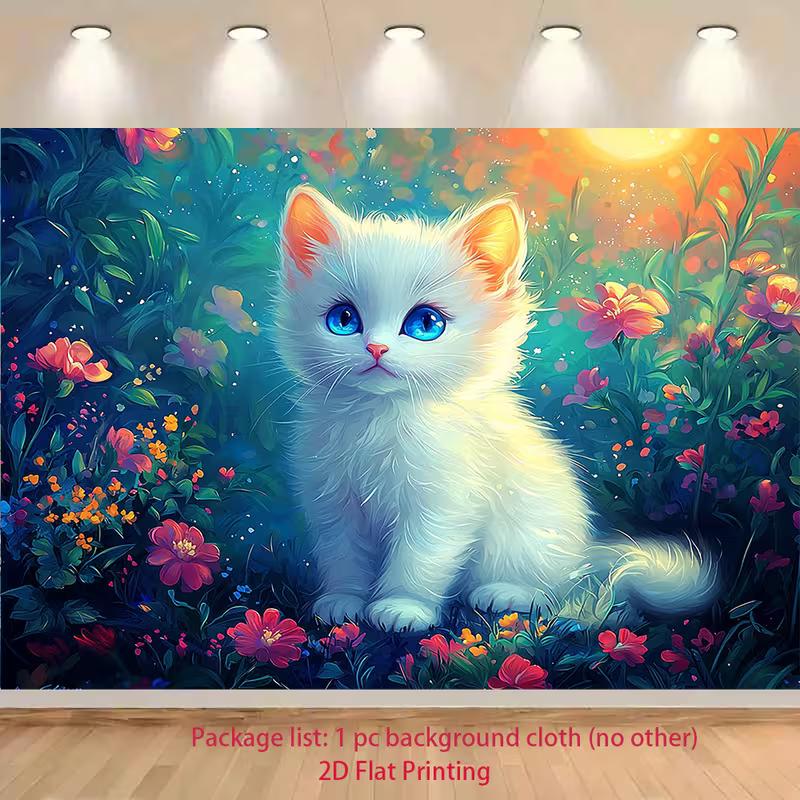 

2D Flat Printing Kitten Floral Backdrop for Aesthetic Bedroom Wall Decor 47.2x31.5inch/120*80cm