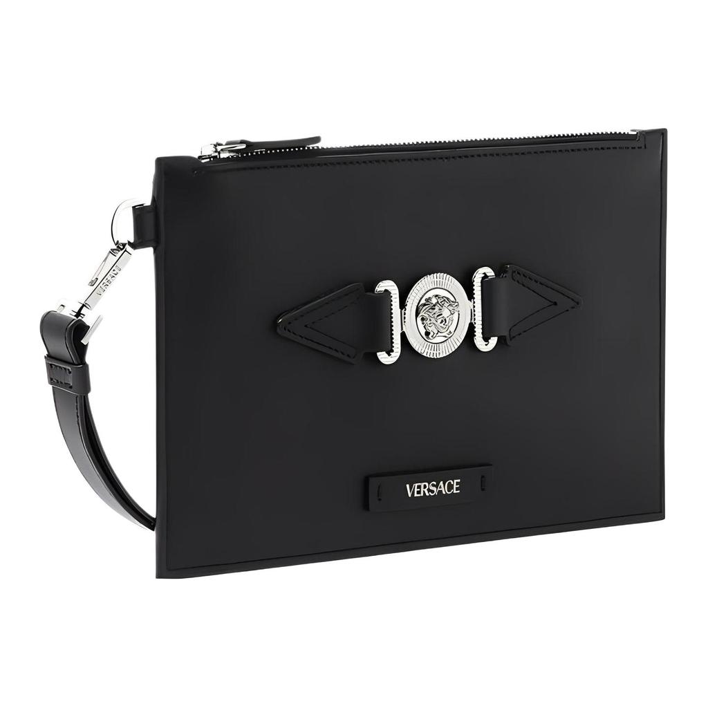 Versace Medusa Biggie Series Detachable Strap Zipper Closure Leather Clutch Small Men Clutch Black Silver 1006240-1A03190-1B00P