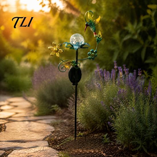 Energy Saving Pathway Decor Solar Glass Cracked Ball Garden Light, Butterfly Hummingbird Metal Romantic Courtyard Atmosphere Lights Stake Waterproof