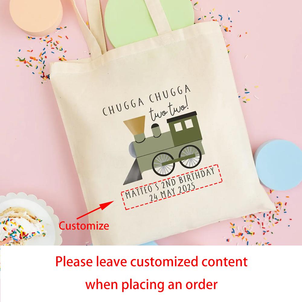 

Personalized Train Party Favor Tote Bags Reusable Cotton Goodie Bags for Birthday Party Baby Shower Decor Chugga Chugga Two Two 1pcs34x42cm