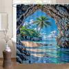 Beach Shower Curtain Tropical Island Ocean View Rock Cave Design Nature Art Modern Bathroom Decor Waterproof Printed Bath