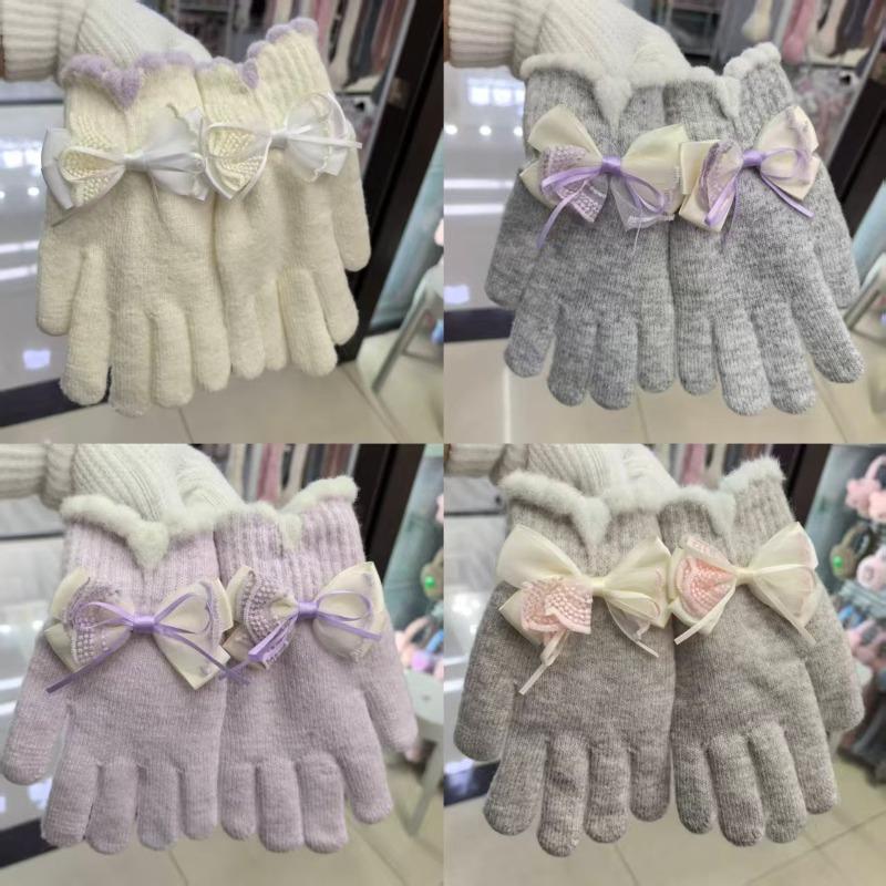 Nye damehansker for høst og vinter med ull, høyverdig sløyfe, ullstrikkede varme nye hansker
