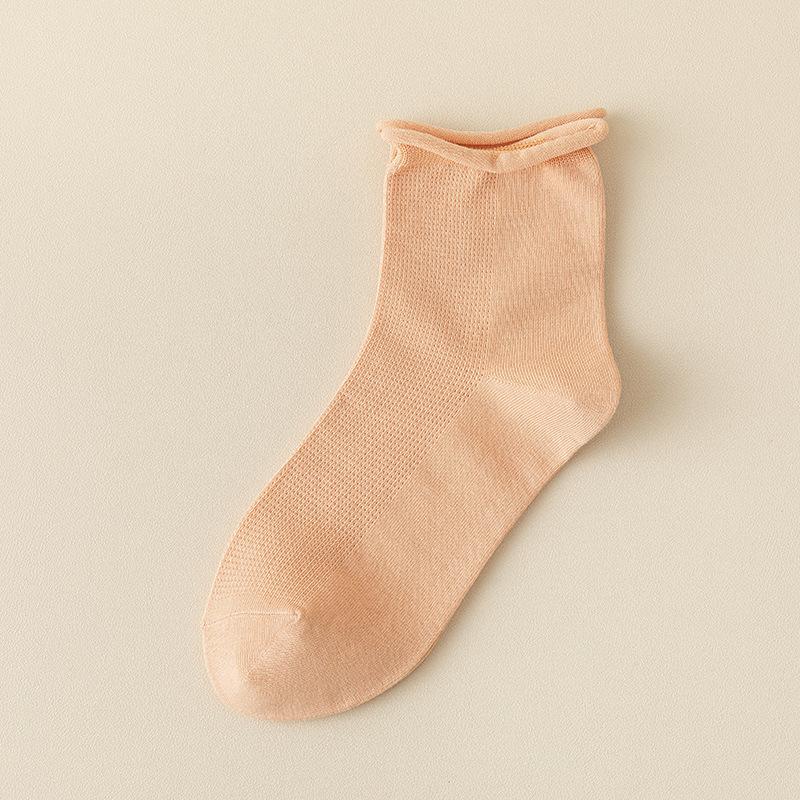 Female Spring and Autumn Solid Color Curled Loose Mouth Mesh College Wind Yuezi Tube Cotton Socks
