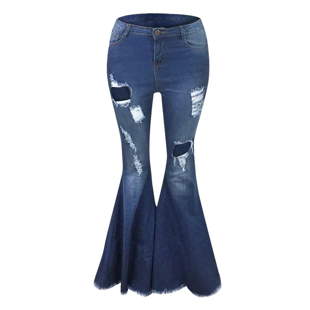 Women's  Color Hole No Bomb Cultivate Oneself  Denim Flare Pants