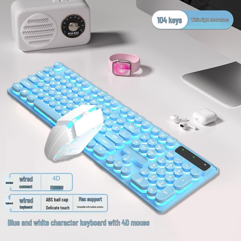 Punk Wired Mechanical Keyboard & Mouse Set with Color-Block Design, Backlit Keys, High Aesthetic, and Enhanced Tactile Feel for Office and Gaming Use