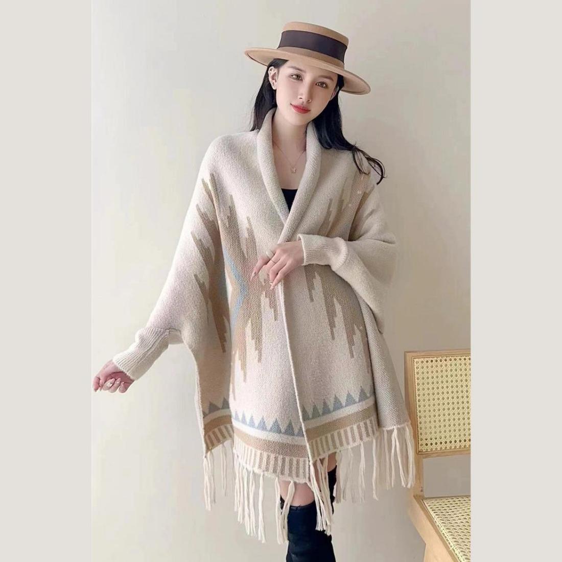 

Вязаный кардиган шаль куртка женская ранняя осень снаружи с кондиционером накидка расколотая вилка туризм этническая шаль накидка One Size бежевый